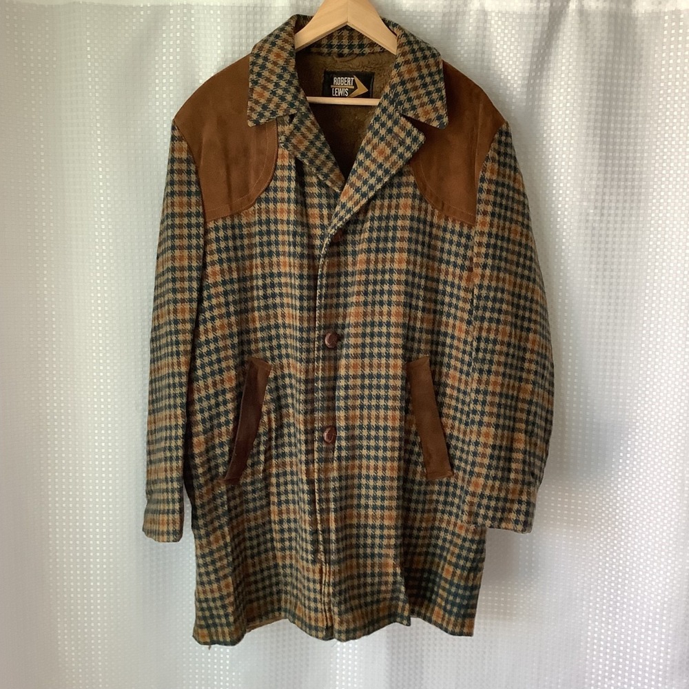 VTG Robert Lewis Hunting Jacket 46 Houndstooth Plaid Wool & Brown Suede Shoulder